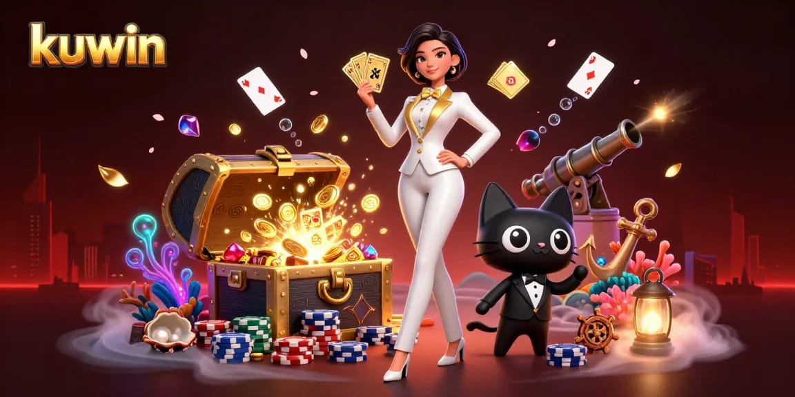 Kuwin players enjoying a glamorous casino experience with a stylish dealer and vibrant game elements.
