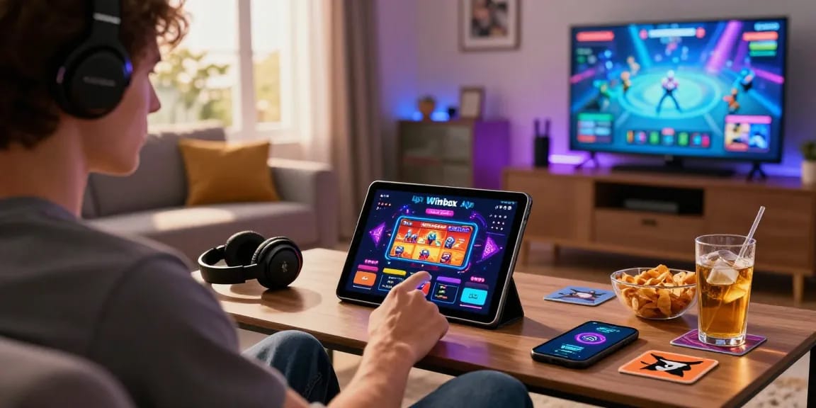 Engaging gaming experience with Winbox apk on tablet in cozy living room