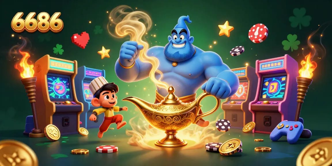 Engage with 6686’s vibrant casino magic featuring a blue genie and action-packed gaming elements.