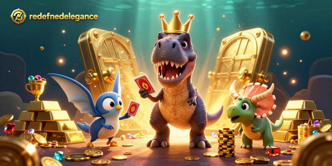 Experience exhilarating jackpot games at redefinedelegance with a lively dinosaur-themed illustration.