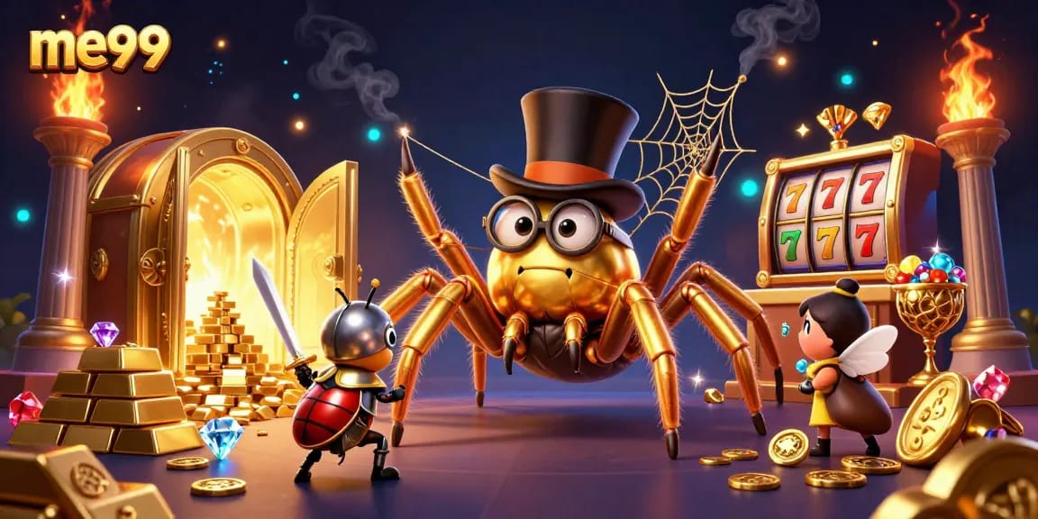 Experience the me99 excitement with a golden tarantula and beetle knight at the casino.