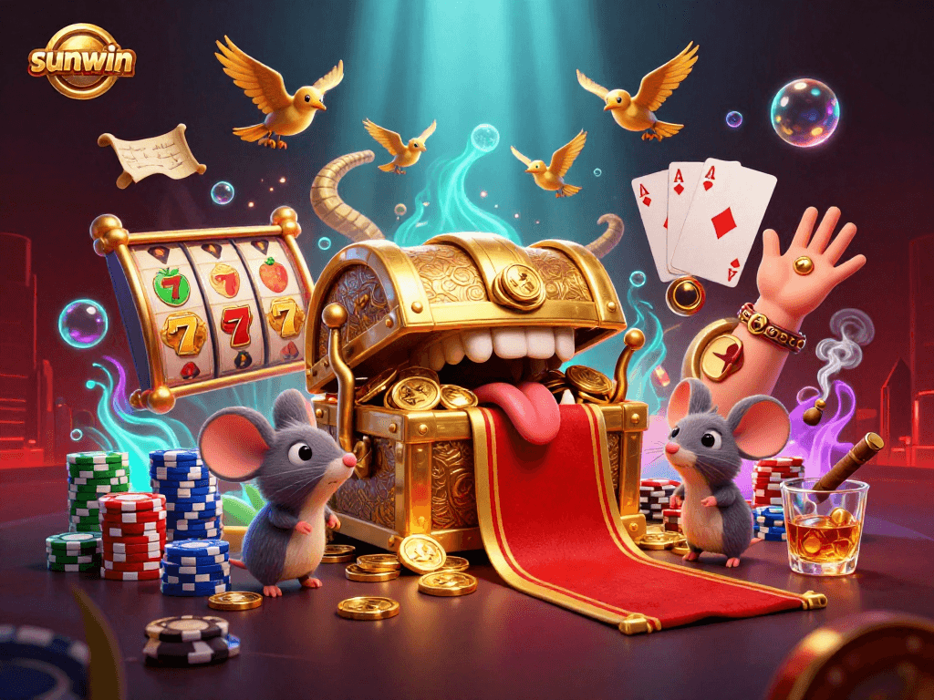 Engage with sunwin's thrilling slot experience featuring an animated treasure chest and vibrant game elements.