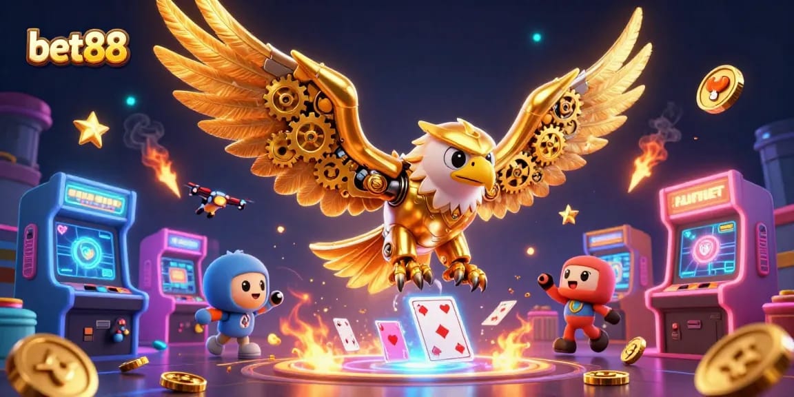 Experience the thrill of bet88 with a cybernetic eagle diving through holographic cards, embodying excitement and engagement.