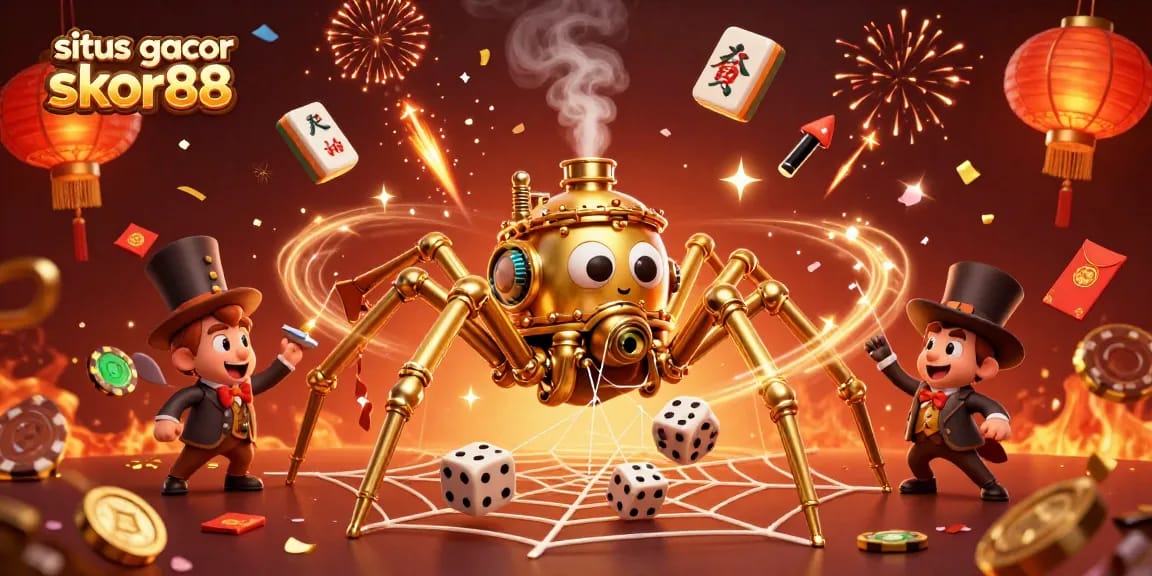 Situs gacor skor88 features a captivating 3D cartoon visualization of steampunk spider trapping dice, surrounded by casino elements.