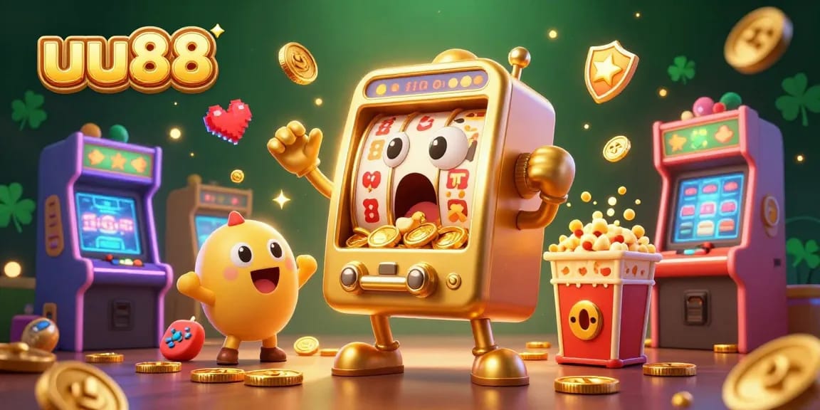 Engaging scene showcasing uu88's golden slot machine celebrating a jackpot with colorful gaming elements.