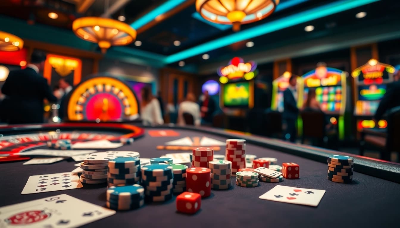 Watch players enjoy games at Fun88's luxurious casino, featuring bright roulette wheels and slot machines.