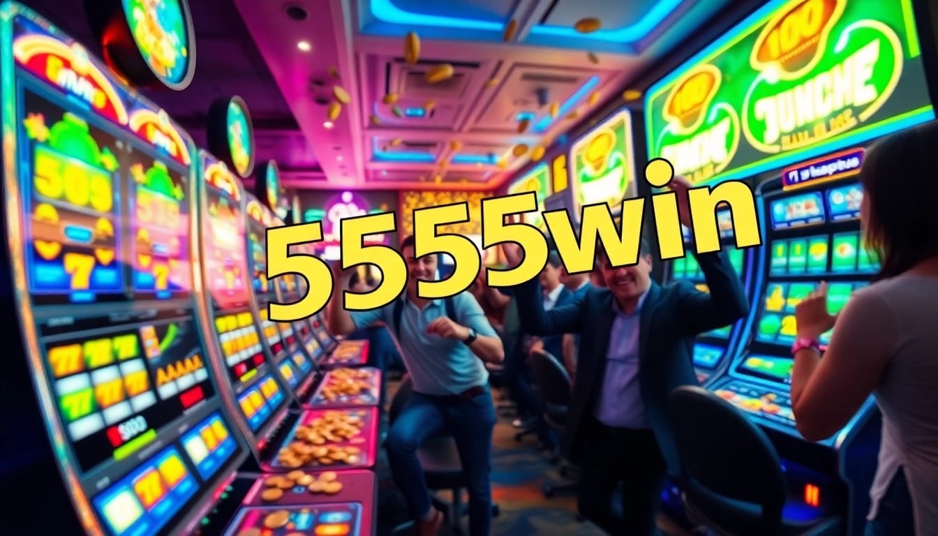 Experience the excitement of 555win with vibrant slot machines and joyful players celebrating their wins.