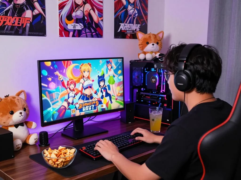 Player enjoying colorful hentai games in a cozy gaming setup with anime decor and vibrant lighting.