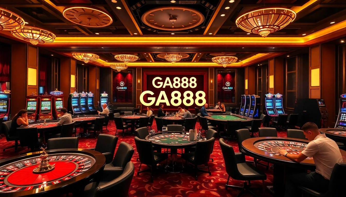 GA888 casino scene showcasing players enthusiastically engaging in thrilling bets at tables
