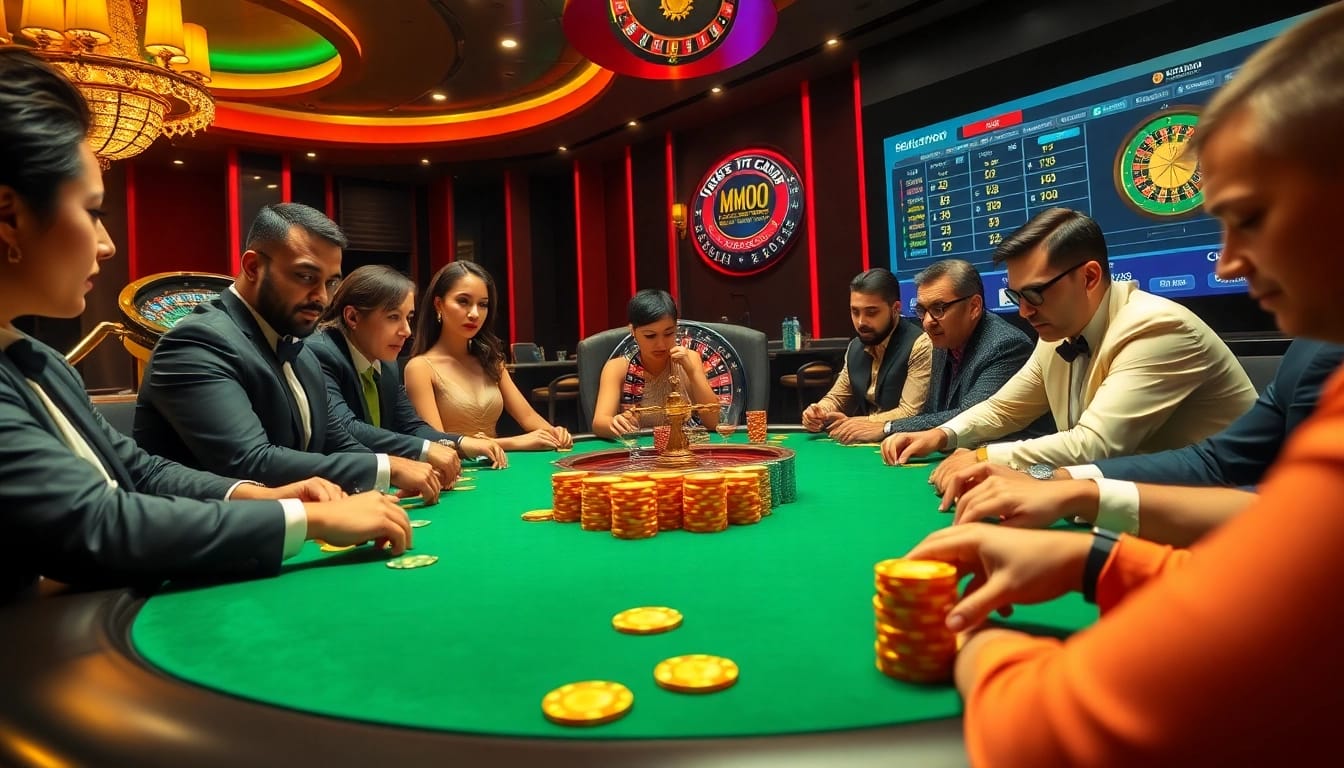 Players enjoying a high-stakes poker game at MMOO casino with vibrant chips and cards.