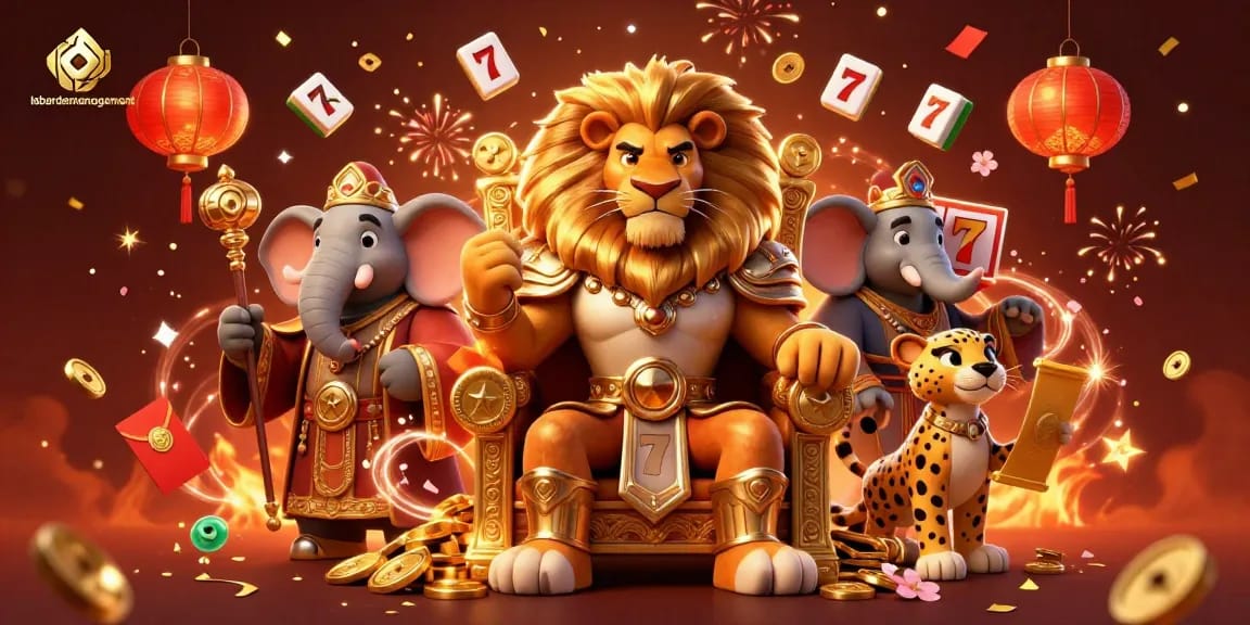 Experience thrilling jackpots with labardemanagement's vibrant casino scene featuring a lion king, elephant, and cheetah