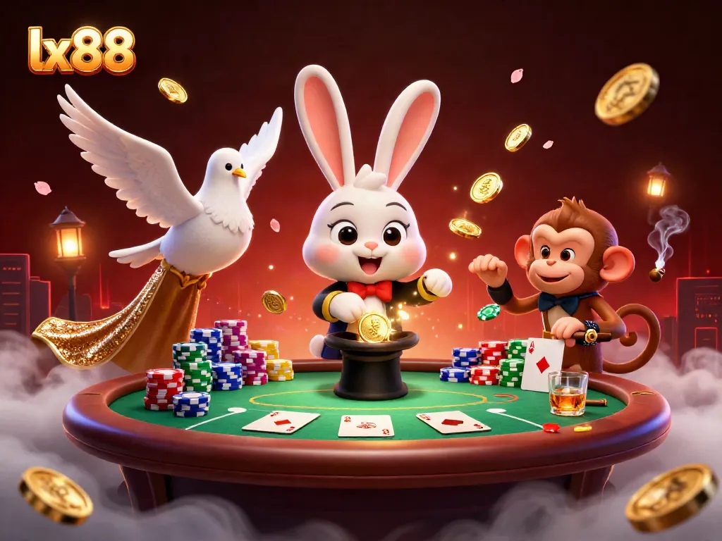 Experience the thrill of lx88 with a magician rabbit, dove, and monkey amid lively poker elements.