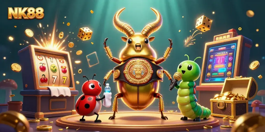 NK88 presents a vibrant 3D casino scene featuring dynamic characters and exciting gaming elements.