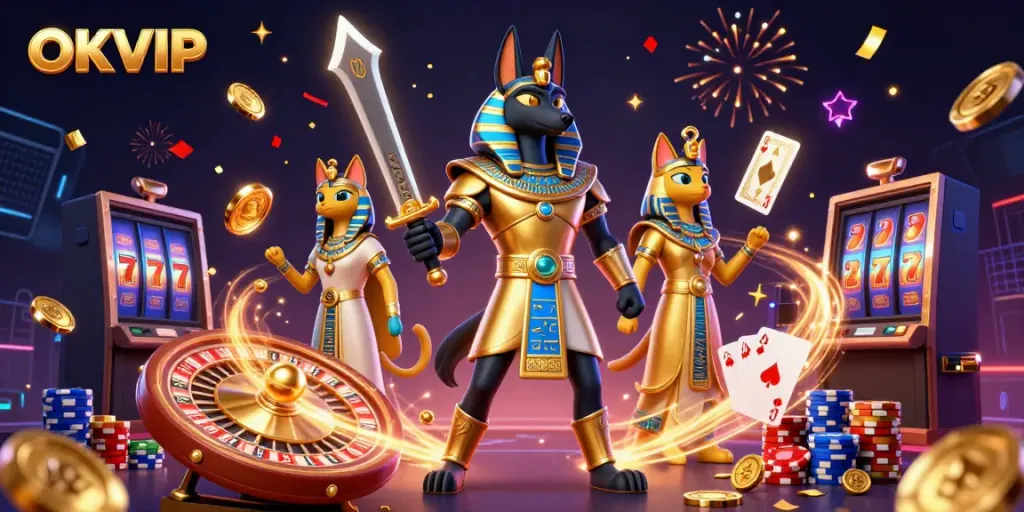 Engage in the dazzling world of OKVIP with a vibrant scene filled with riches and Egyptian themes