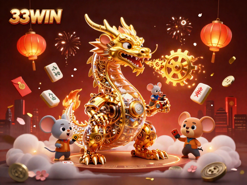 Engage in thrilling gameplay at 33WIN with a majestic dragon and vibrant casino elements.