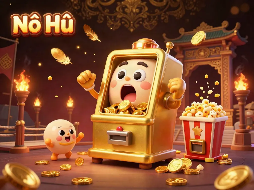 Experience the excitement of Nổ Hũ as the joyful golden slot machine hits a jackpot surrounded by cheering companions.