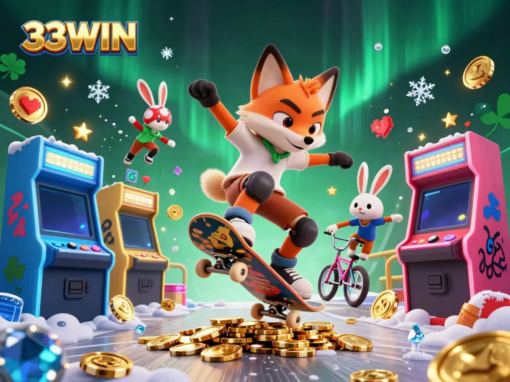 33WIN lively scene showcasing a skateboarder fox and BMX rabbit in an energetic casino-themed atmosphere.