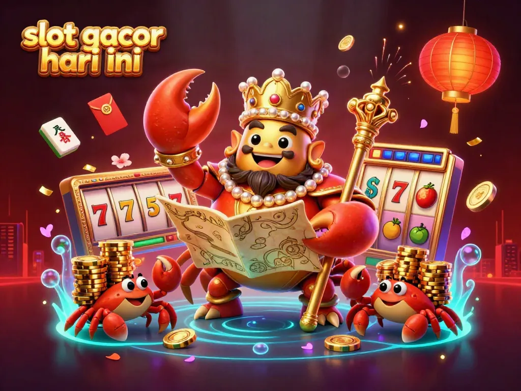 Visualize slot gacor hari ini with a golden crab emperor, slot reels, and festive elements in a vibrant casino scene.