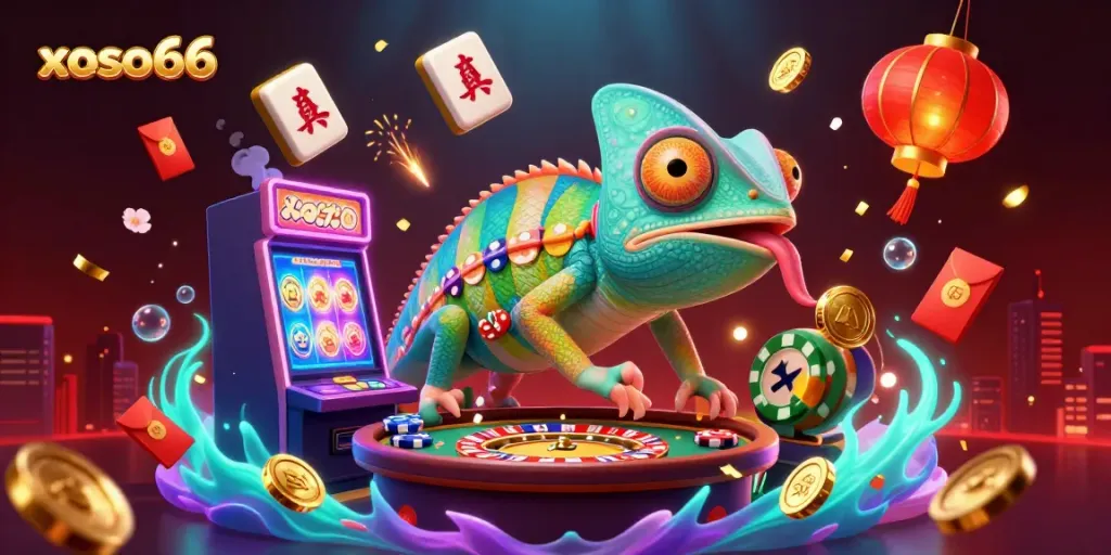 Experience thrilling online gaming with xoso66's vibrant casino scene featuring a chameleon character collecting gold coins.