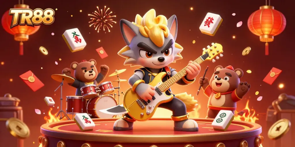 Experience TR88's dynamic casino scene with a cartoon wolf rock star entertaining alongside a wild drummer bear.