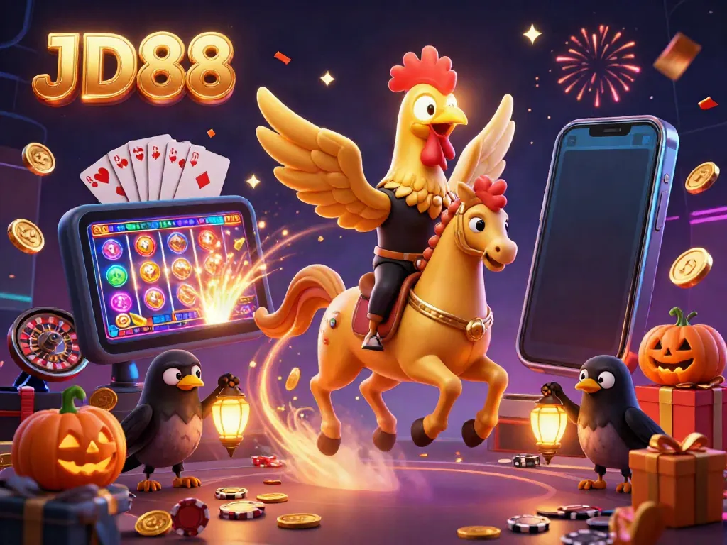 Experience the thrill of JD88 with a vibrant casino scene featuring a golden rooster and dynamic gaming elements.
