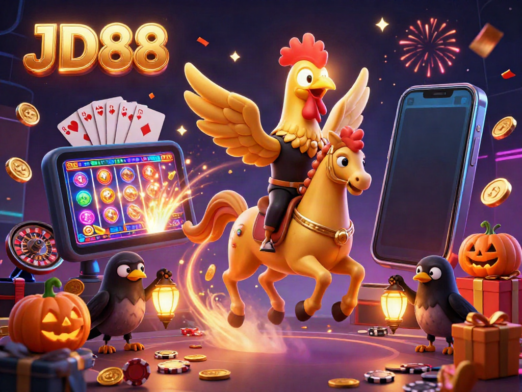 Experience the thrill of JD88 with a vibrant casino scene featuring a golden rooster and dynamic gaming elements.