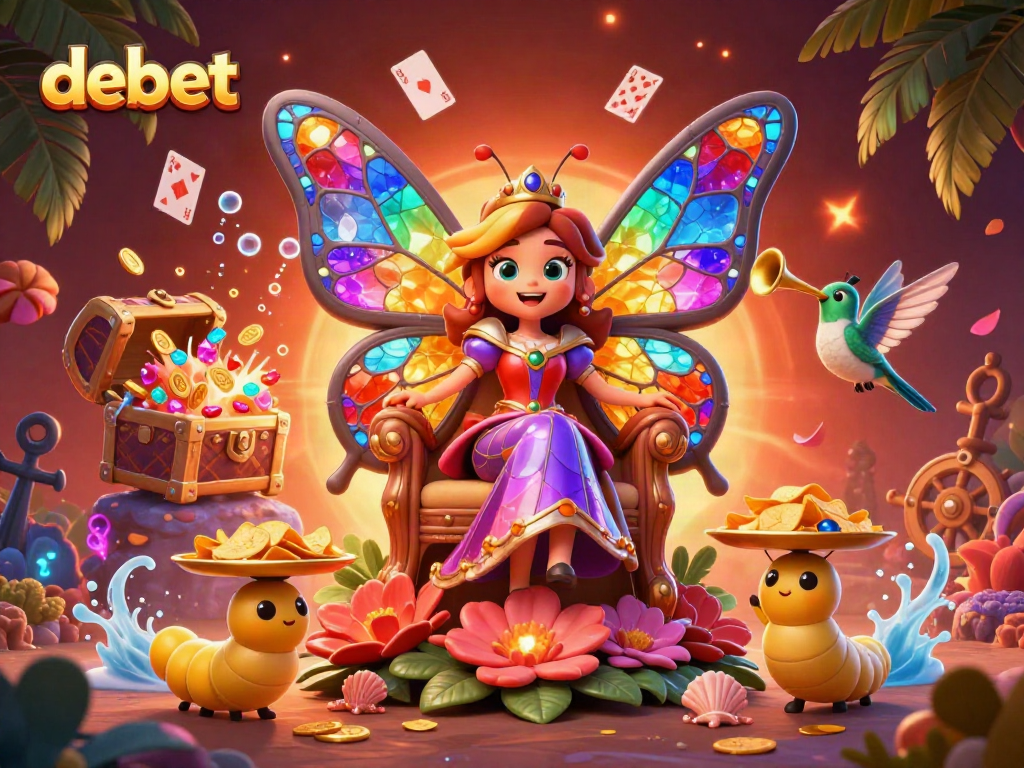 Engage in thrilling online play at debet with a vibrant 3D gaming scene featuring colorful characters and casino elements.