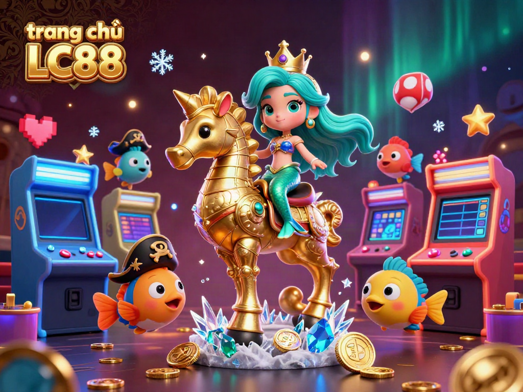 Experience the vibrant action of the trang chủ LC88 with a 3D cartoon mermaid princess and seahorse in a colorful casino scene.