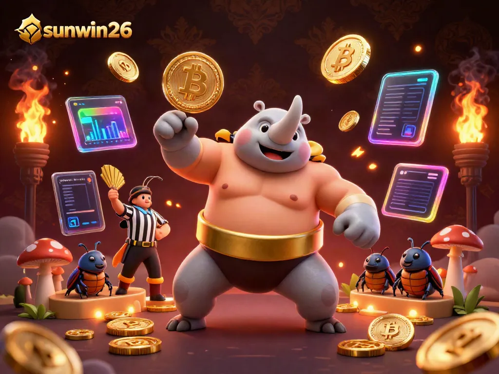 Experience thrilling moments at sunwin26 as a cartoon rhinoceros beetle sumo champion slams down coins in a vibrant casino scene.