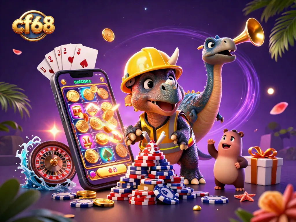 cf68 brings excitement as a triceratops builds poker chips surrounded by slot games and cheering compys.