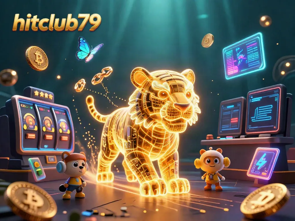 Hitclub79 features a vibrant casino landscape with a golden tiger and crypto elements, showcasing thrilling gaming experiences.