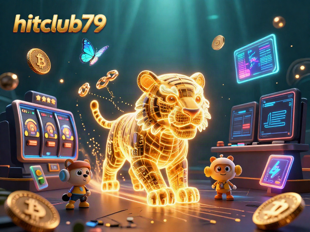 Hitclub79 features a vibrant casino landscape with a golden tiger and crypto elements, showcasing thrilling gaming experiences.