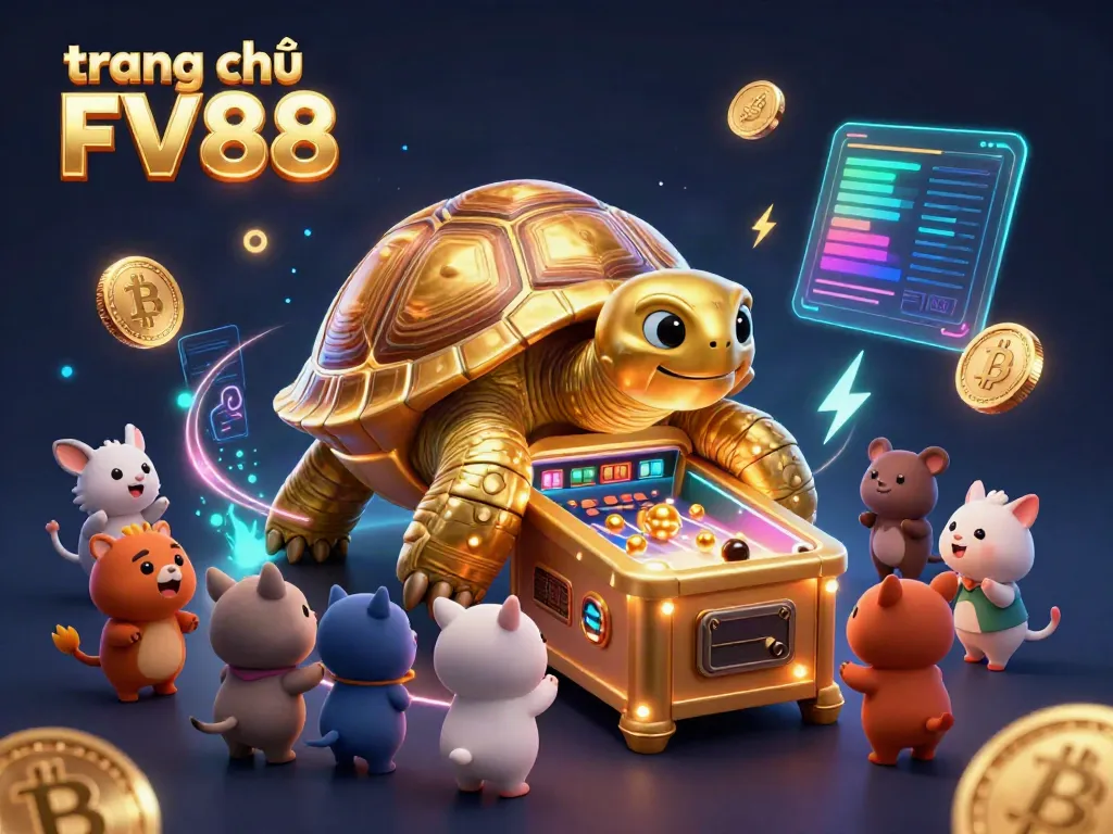 Engaging scene at trang chủ FV88 featuring a massive golden tortoise pinball machine, surrounded by animated characters and cryptocurrency elements.