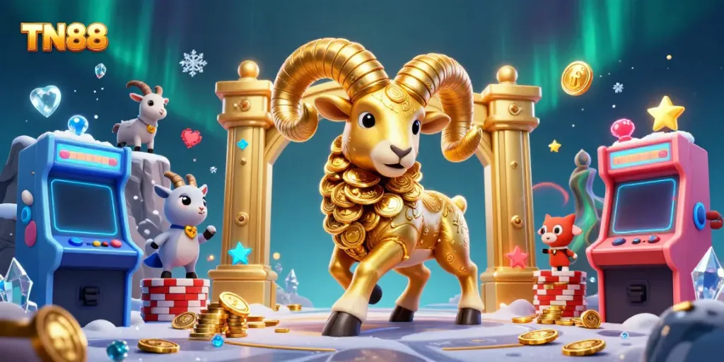 Experience thrilling gameplay at TN88 with a massive golden ram charging through a dynamic casino scene.