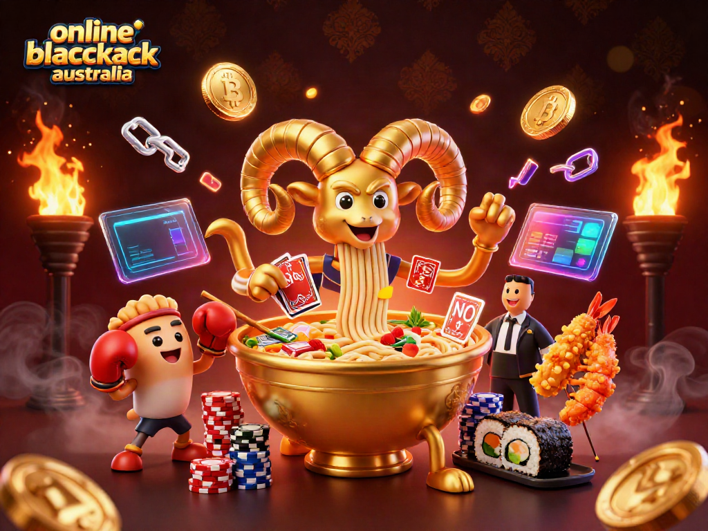 Engage with online blackjack australia, featuring a vibrant scene of animated characters and casino elements.