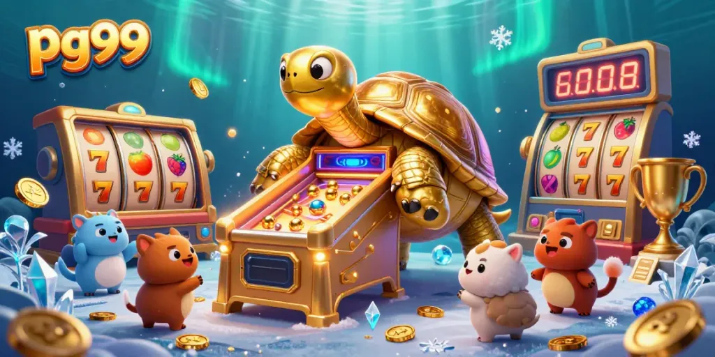Spin the reels with pg99's lively casino scene featuring a tortoise and golden elements.