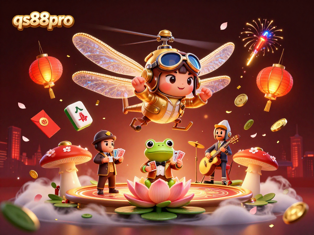 Engage with the thrilling world of qs88pro as a vibrant dragonfly casino pilot hovers above a lively gaming scene.