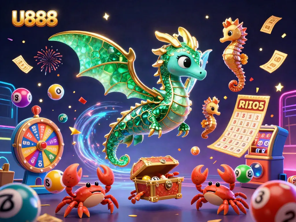 U888 captures excitement with vibrant lottery elements and a magical sea dragon scene.