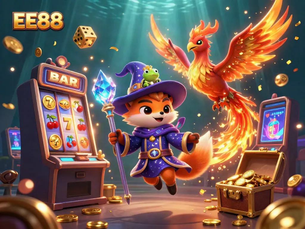 Experience the thrill of EE88 with a mystical wizard fox and phoenix in a vibrant casino scene.