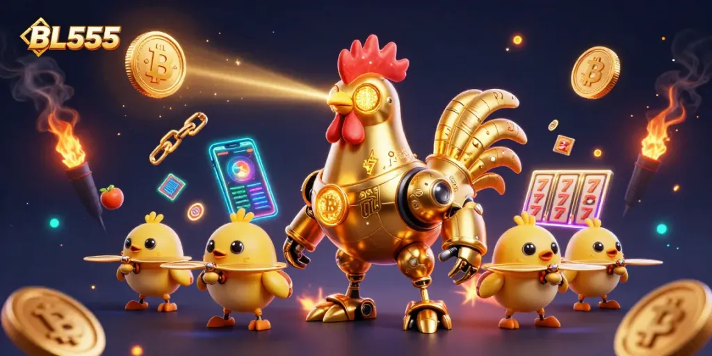 Engage in dynamic gameplay with BL555 as the golden rooster robot leads the way in an exciting casino scene.