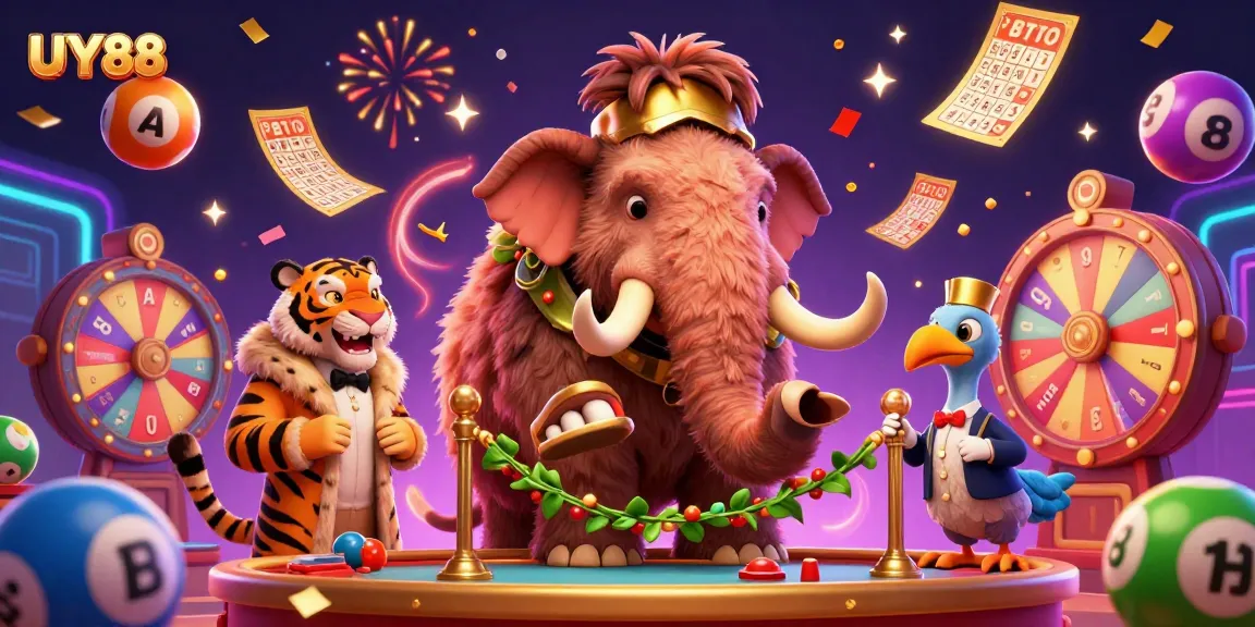 Experience the vibrant scene at UY88 with characters enjoying dynamic games and lottery excitement.