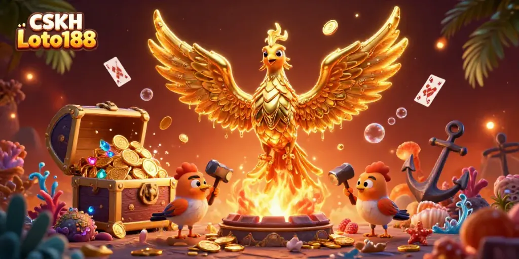 Engage with the thrilling world of CSKH Loto188, featuring a golden phoenix in an explosive casino scene.