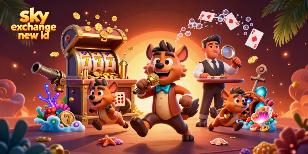 Enter the world of Sky Exchange new ID with this vibrant casino scene featuring hyenas and gaming elements.