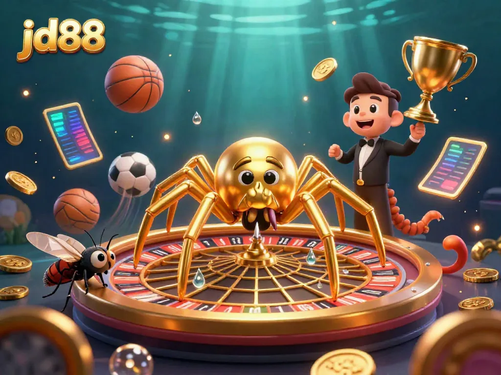 Engage with jd88’s thrilling bets captured in a vibrant 3D scene of a spider roulette and centipede croupier.