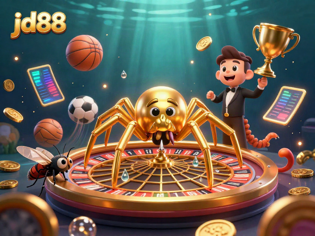Engage with jd88’s thrilling bets captured in a vibrant 3D scene of a spider roulette and centipede croupier.
