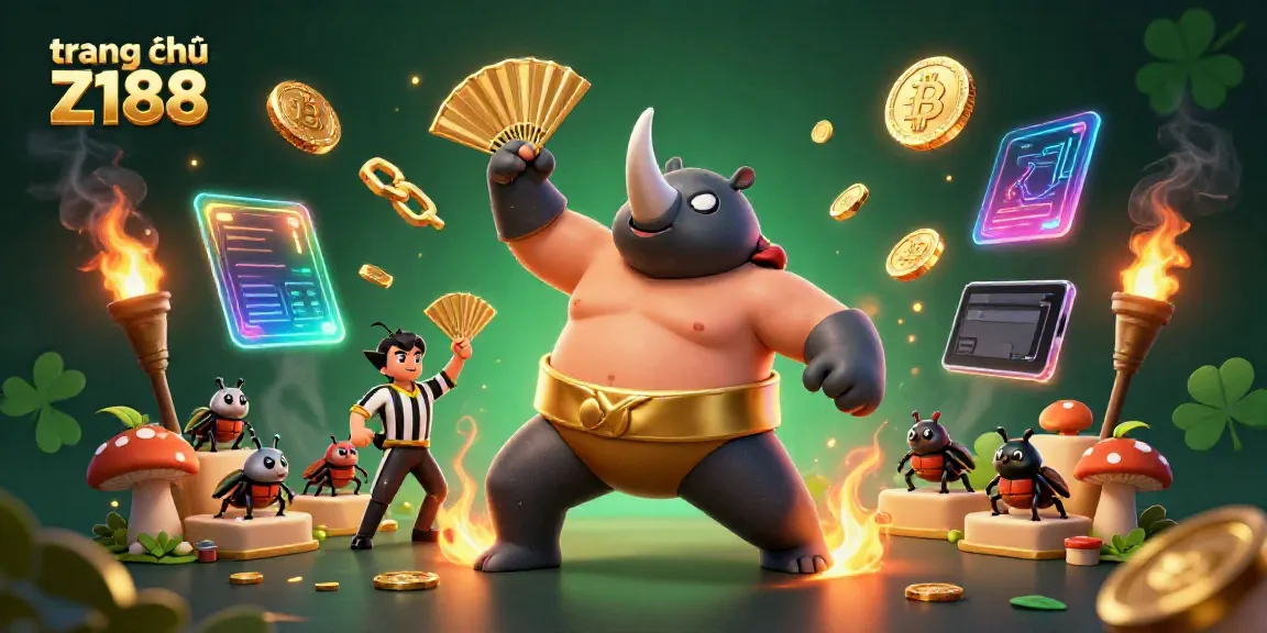 Engage in thrilling action at trang chủ Z188, featuring a vibrant 3D scene with a sumo beetle champion and crypto coins.