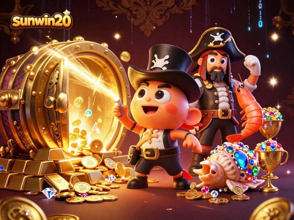 Play and win with sunwin20 in this vibrant 3D deep-sea casino adventure illustration.