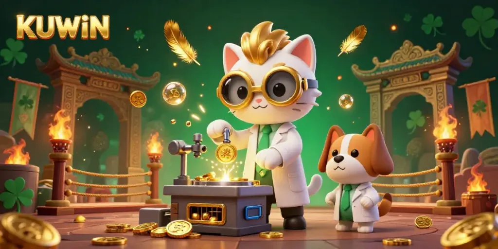 Engage with KUWIN's thrilling gaming world featuring a mad scientist cat and dog in an energetic casino scene.