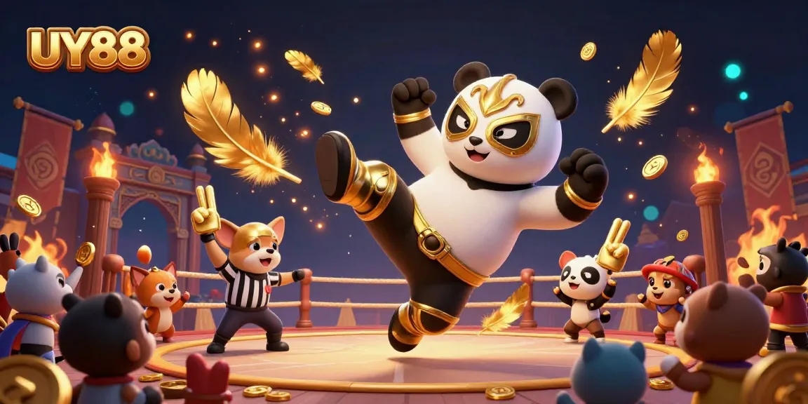 Experience the excitement of UY88 with an action-packed scene featuring a wrestling panda and cheering animal fans.
