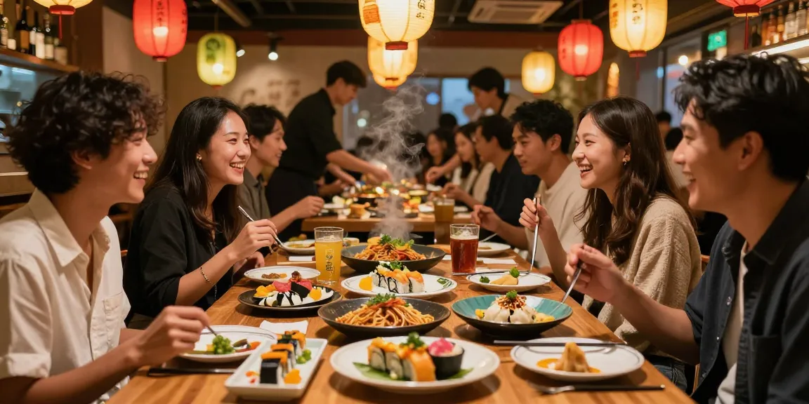 Friends enjoying Asian fusion dishes at RED88 restaurant during dinner.